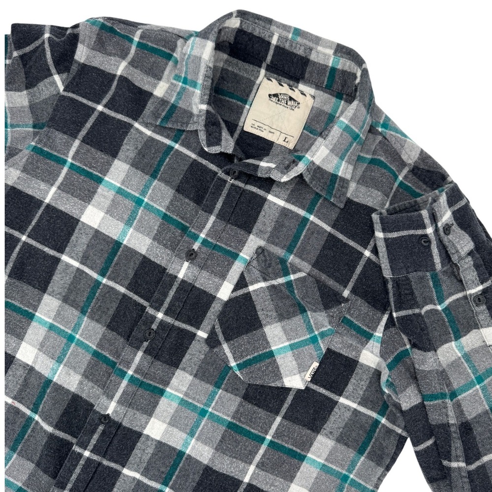 Vans Off The Wall Plaid Flannel Shirt Men's Large Gray‎ Teal Long Sleeve Button